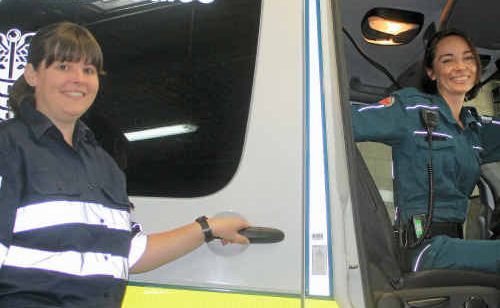 Melinda Stocks (left) and Bridget Campbell are undergoing training at the Warwick Ambulance station.